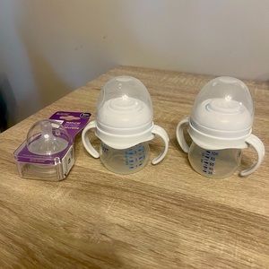 Avent 4 ounce bottles. Training handles. Size 3 flow nipples.